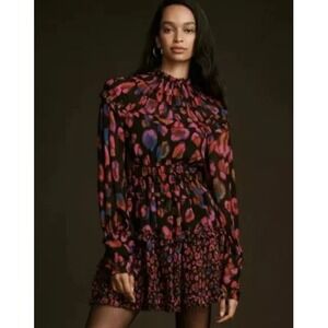 Farm Rio‎ Iridescent Leopard Print Ruffle Long Sleeve Dress Size XS